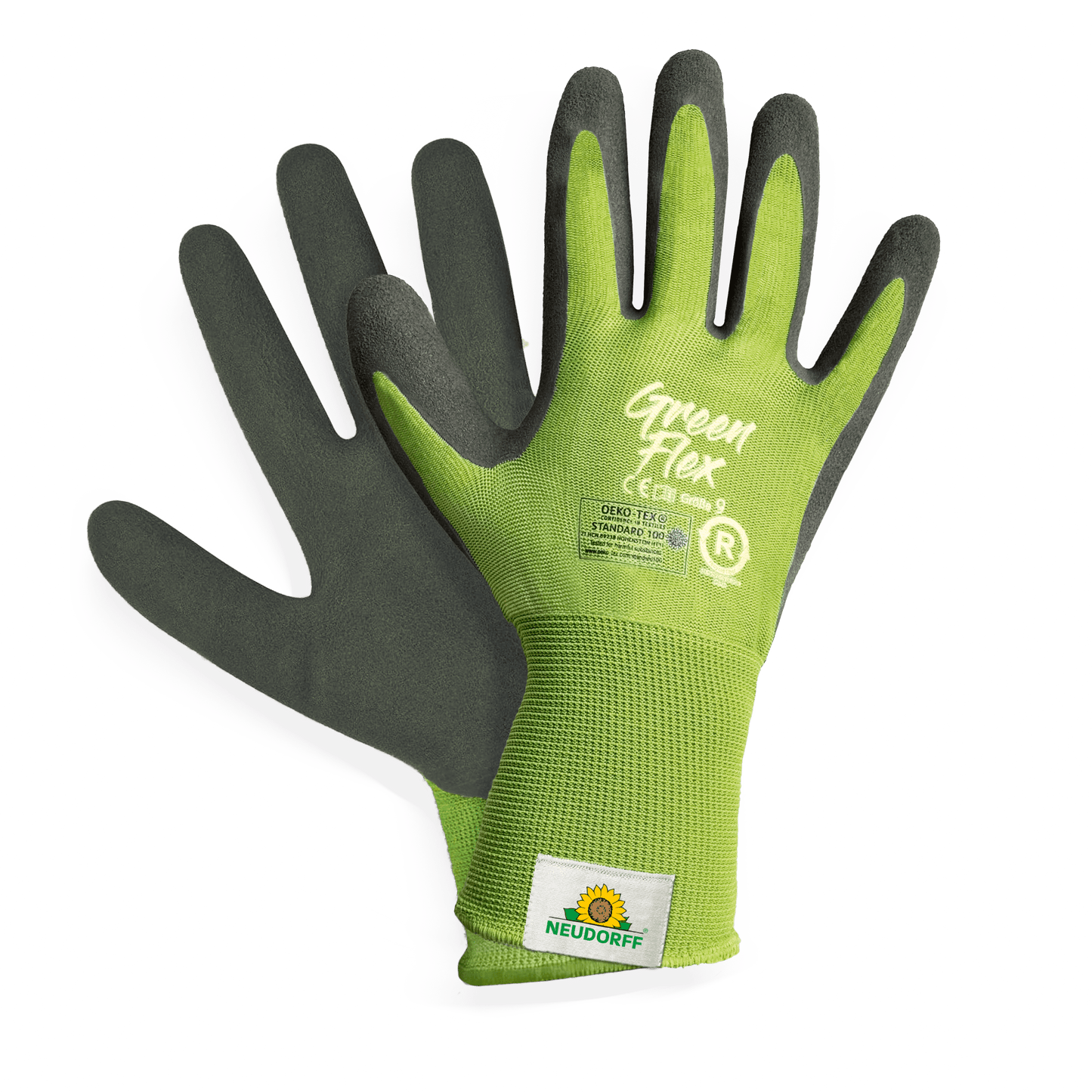 A pair of sustainable KIXX Green Flex gloves from Neudorff Shop in green and black, with a sun and plant logo on the wrist, depicted on a white background.