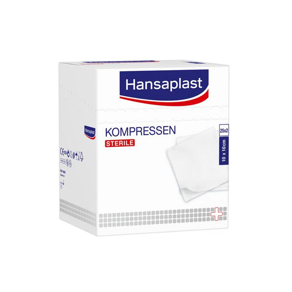 Bosca bán Beiersdorf AG Hansaplast comhbhrúite steiriúla 10 x 10 cm, earra atá ag dul in éag, ina bhfuil 25 x 2 phíosa (50 píosa) agus atá oiriúnach do chúram gairmiúil créachta.