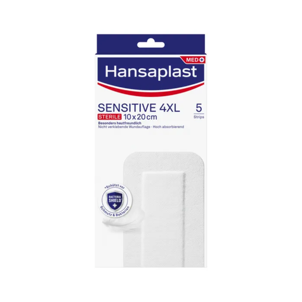 Verpackung von Hansaplast Sensitive Beiersdorf AG mit fünf Streifen à 10x20 cm, mit einer Nahaufnahme der Verbandstruktur und einem Sicherheitssiegel-Emblem