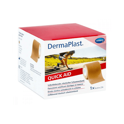 Product packaging for Hartmann DermaPlast® Quick Aid self-adhesive foam dressing, 6 cm x 2 m, by Paul Hartmann AG. The packaging shows images of the bandage and a runner using it on her knee.