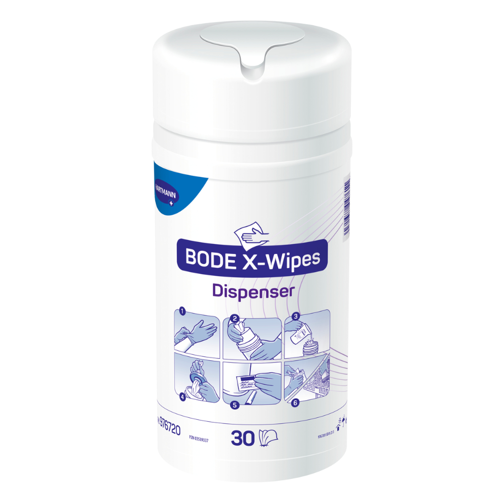 Product image of a Hartmann BODE X-Wipes disinfection dispenser with 30 wipes, with symbols illustrating various uses and areas such as healthcare and surfaces, on a white-purple label from Paul Hartmann AG.