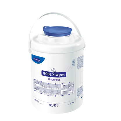 A white plastic bucket with the inscription "Paul Hartmann AG BODE X-Wipes Disinfection Dispenser" with a blue lid and white handle, featuring graphics of dispenser mechanisms. The bucket is intended for holding disinfectant.