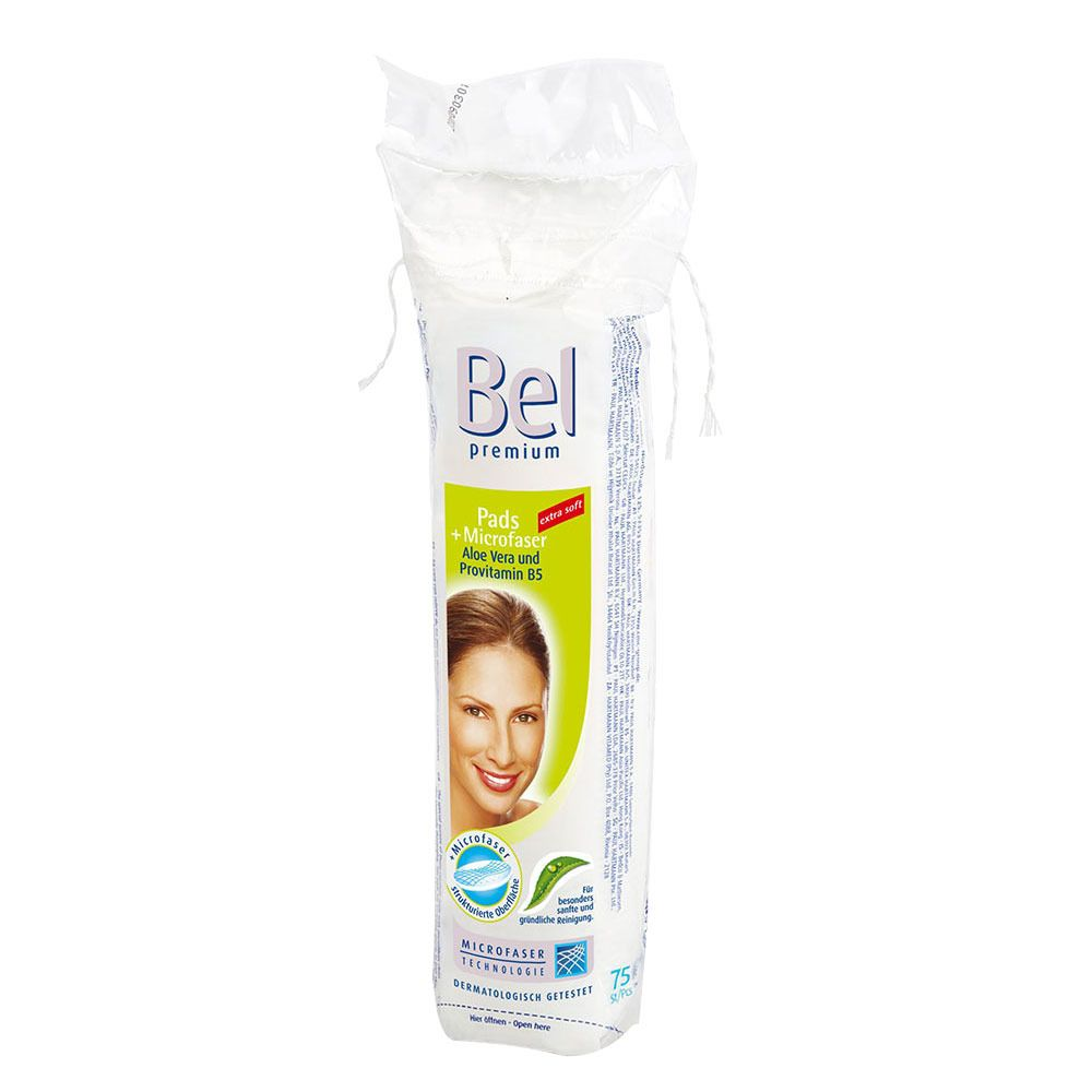 A pack of 75 Hartmann Bel Premium cosmetic pads by Paul Hartmann AG with microfiber, aloe vera, and provitamin B5 for skincare; the white pack shows a smiling woman and clearly highlights the benefits of skincare.