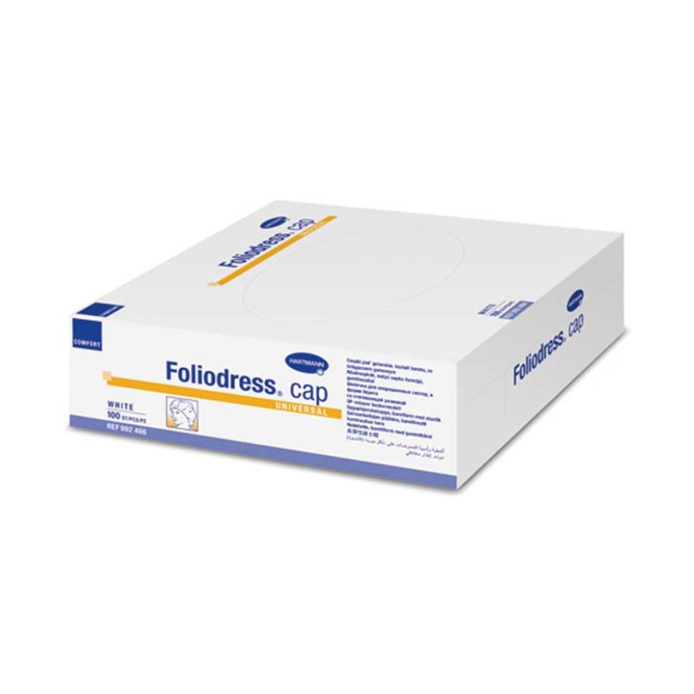 Bosca dúnta bán-gorm le lipéad 'Paul Hartmann AG Foliodress® Cap 'universal' Comfort OP-Hauben bán' ina bhfuil caipíní fabraice agus téacs ar an taobh le sonraíochtaí mionsonraithe táirge.