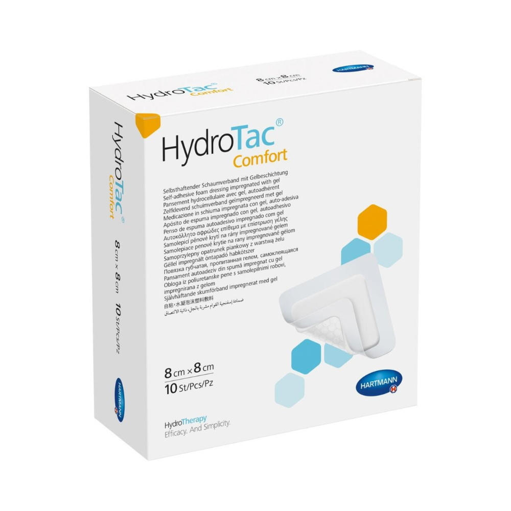 Tá téacs ilteangach, íomhá den chlúdach créachta ar chúlra gorm, agus lógó Paul Hartmann AG ar bhun na gclúdach créachta Hartmann HydroTac Comfort 8x8cm. Tá 10 bpíosa sa phacáiste.