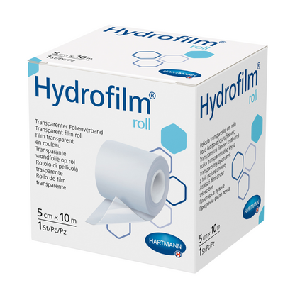 Bosca de rolla Hydrofilm Hartmann® ón Paul Hartmann AG, banna scannáin trédhearcach. Tá an pacáistiú den chuid is mó bán agus gorm éadrom agus taispeánann sé ainm an táirge, íomhánna feidhmithe agus sonraí méide.