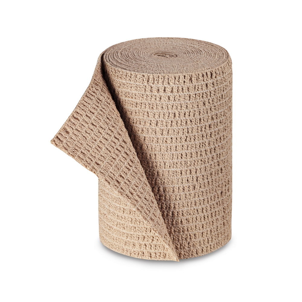 An upright standing roll of beige textured crepe paper, isolated on a white background, with the strong long-stretch bandage Hartmann Lastodur® from Paul Hartmann AG.