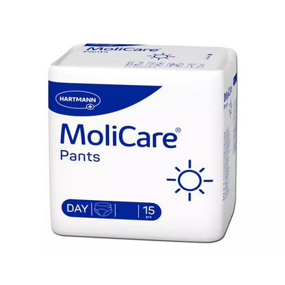 A pack of Hartmann MoliCare Pants Day incontinence pants with 30 pieces, intended for adult care. The packaging is white and blue and contains product information and the trademark of Paul Hartmann AG.