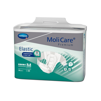 Pacáiste de phlandálacha do dhaoine fásta meánmhéide MoliCare® Premium Elastic 5 titeann ó Paul Hartmann AG. Léiríonn an pacáistiú trí phíosa ar an bpacáiste den chuid is mó gormghorm agus bán an chompord agus an éascaíocht úsáide.
