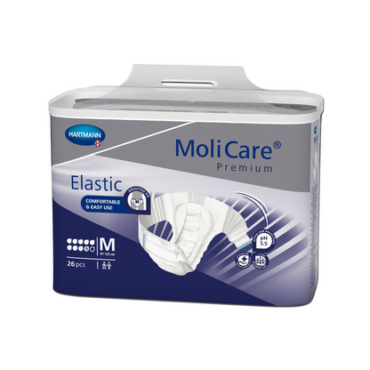 Pacáiste de Hartmann MoliCare® Premium Elastic diapers do dhaoine fásta de mhéid mheánach ó Paul Hartmann AG le 26 píosa, le siombailí a léiríonn an luach pH agus na hairíonna atá cairdiúil don chraiceann. Léiríonn an dearadh an tréith leaisteach den diaper.