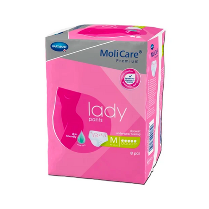 A package of Hartmann MoliCare® Premium lady pants incontinence pants by Paul Hartmann AG in medium size with 8 pieces. The packaging is pink and white, with the note "discreet feeling and skin-friendly," which emphasizes the comfort of the product.