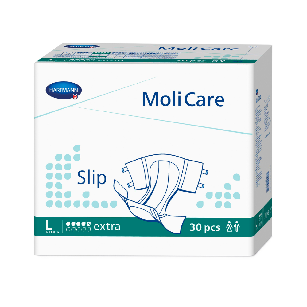 Bosca de Hartmann MoliCare® Slip extra 5 braon de naipcíní incontinence, tá 30 píosa ann, den chuid is mó i bán agus glasghorm le branda Paul Hartmann AG agus faisnéis táirge léirithe.