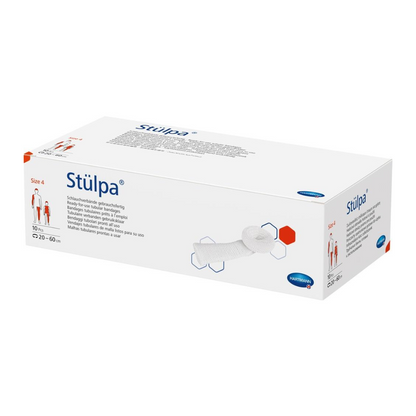 A product box for the Hartmann Stülpa® tubular bandage - Loose in the box size 4 by Paul Hartmann AG with blue and red designs, informative text, symbols for application demonstration on legs with measurements, and the Hartmann logo.