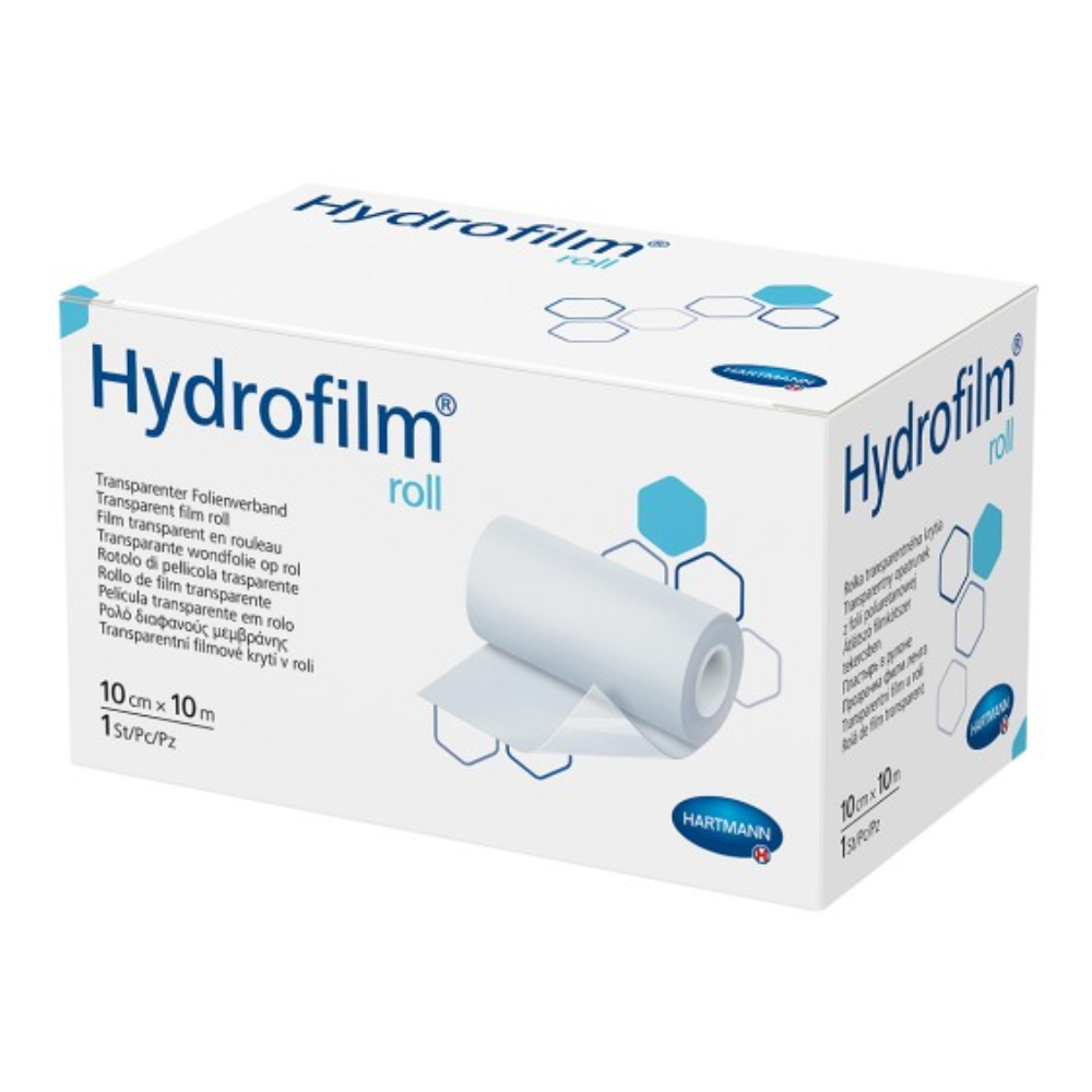 Íomhá táirge de bhosca le rolla Hydrofilm Hartmann® ón Paul Hartmann AG, téip ghreamaitheach scannáin trédhearcach, le sonraí pacáistithe agus íomhánna den rolla téipe agus siombailí úsáide.