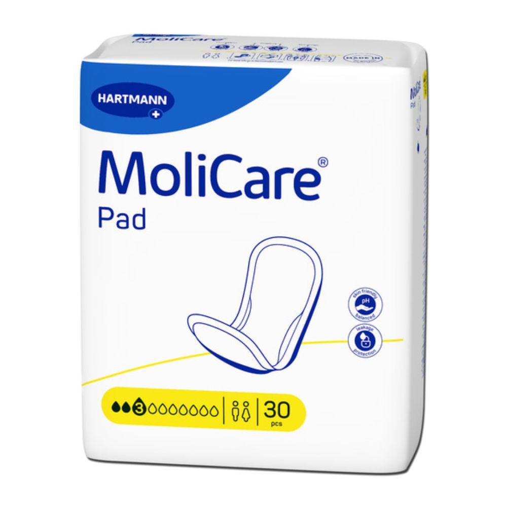 A pack of 30 Hartmann MoliCare® Pad inserts for incontinence by Paul Hartmann AG with absorbent core and absorbency level 3 (three black drops). The white packaging is accented with blue and yellow and features unisex symbols.