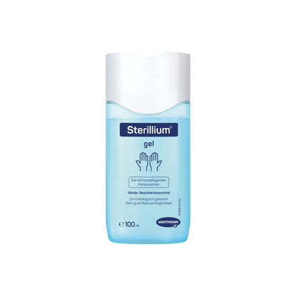 The Hartmann Sterillium® Gel hand disinfectant gel from Paul Hartmann AG features a blue label with white outlined hands and text about its skin-friendly formula. The 100 ml bottle is optimal for hygienic hand disinfection and provides protection on the go.