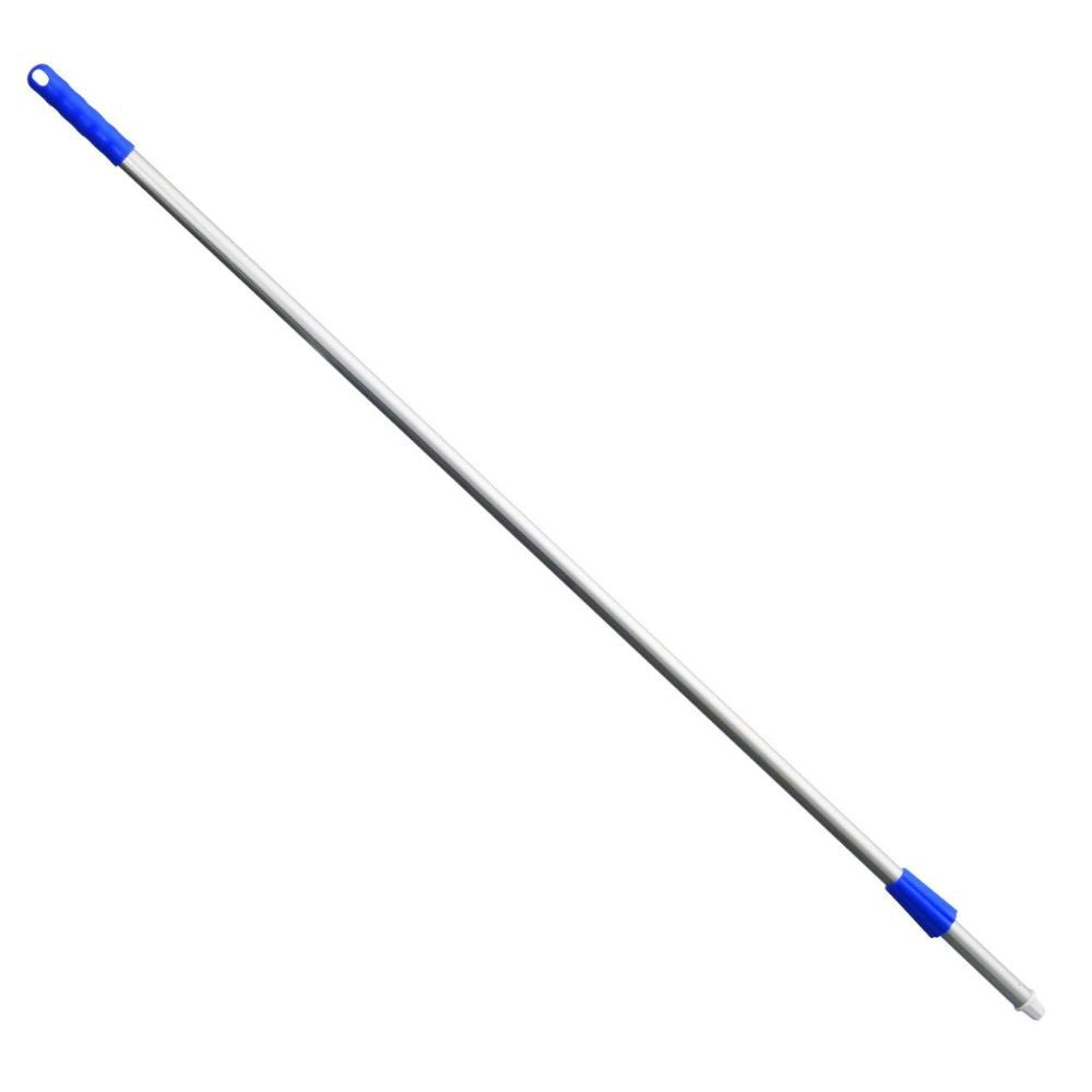 The Haug Alustiel 1450 mm ø 25MM from Haug Bürsten KG is a long, slim broom handle with a blue grip and screw closure, made of light gray anodized aluminum tube. It complies with HACCP standards and can be easily attached to any cleaning head.