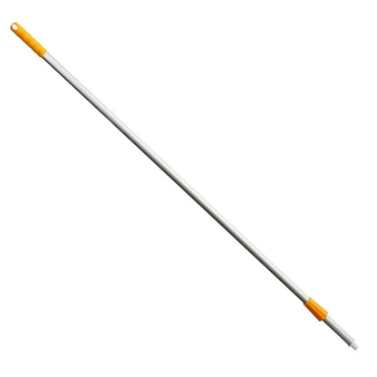 The Haug Alustiel 1450 mm ø 25MM from Haug Bürsten KG is a lightweight, ergonomic silver broom handle made of anodized aluminum tube, with a yellow plastic handle and versatile mounting surface, meeting HACCP standards for safety and hygiene.