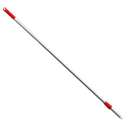 The Haug Alustiel 1450 mm ø 25MM broom handle from Haug Bürsten KG made of anodized aluminum tube has a red tip and a red connection. It features a hanging hole and meets the HACCP standard requirements for safety and quality. It is presented on a white background and is available in various colors.