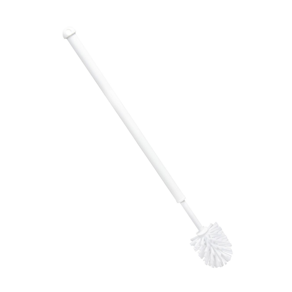 A Haug disabled toilet brush in white made of polypropylene (PP) with a long handle and round bristles stands diagonally against a plain white background and is perfect for thorough cleaning.