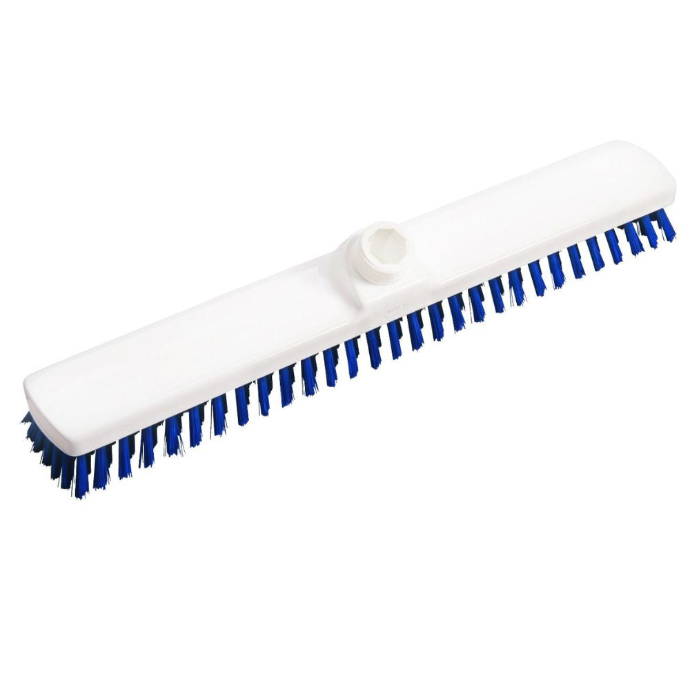 The Haug large area sweeper PBT Hard 400x60x26 mm from Haug Bürsten KG features a white head with durable blue PBT Hard bristles and a handle socket. Ideal for professional cleaning, perfect for efficient cleaning of pool floors and walls.