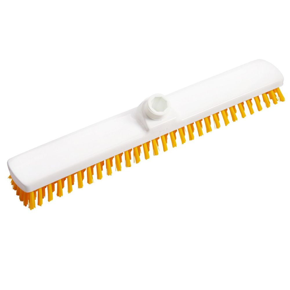 The Haug large area sweeper PBT Hard from Haug Bürsten KG is a white, flat rectangular cleaning brush with stiff yellow PBT Hard bristles and a top socket for handle attachment, designed for professional cleaning. The side view shows the bristle arrangement.