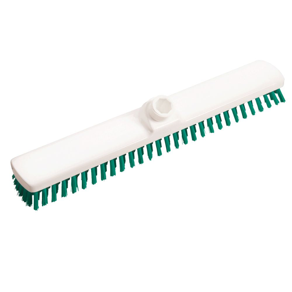The Haug large area sweeper PBT Hard 400x60x26 mm from Haug Bürsten KG is shown from the side view with a white brush head with green bristles in a rectangular shape and accommodation for a handle, perfect for professional cleaning tasks.