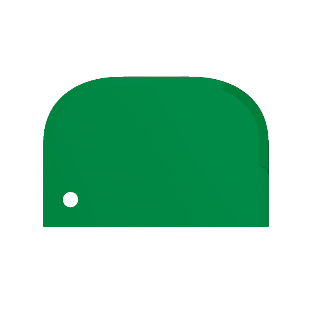 A simple green outline of a crown with a rounded top and a small circular cutout on the left side, capturing the spirit of food-grade design, similar to the Haug scraper small 15 x 10 cm from Haug Bürsten KG.