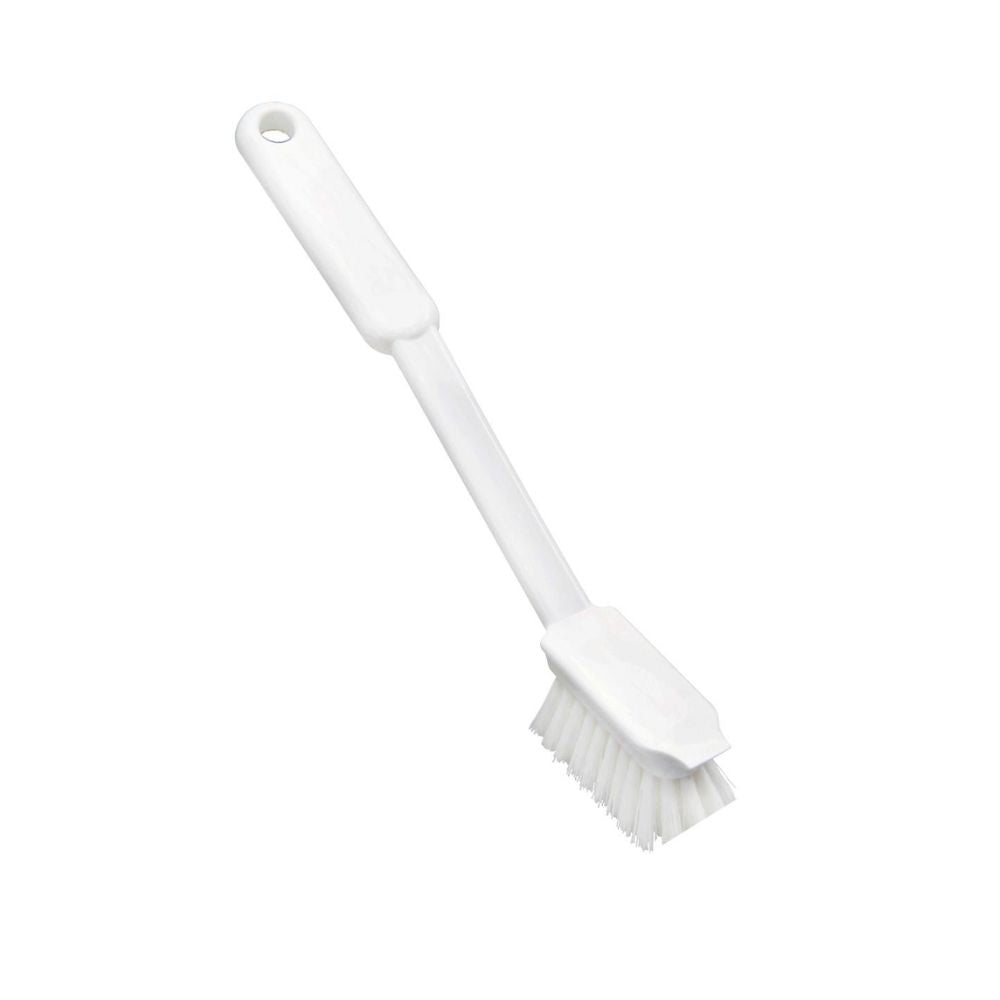 The Haug Narrow Nylon Dish Brush Medium Hard White by Haug Bürsten KG is a white plastic cleaning brush with durable nylon bristles and a long handle with a hanging hole, ideal for professional cleaning. Size: 255 x 33 x 70 mm.
