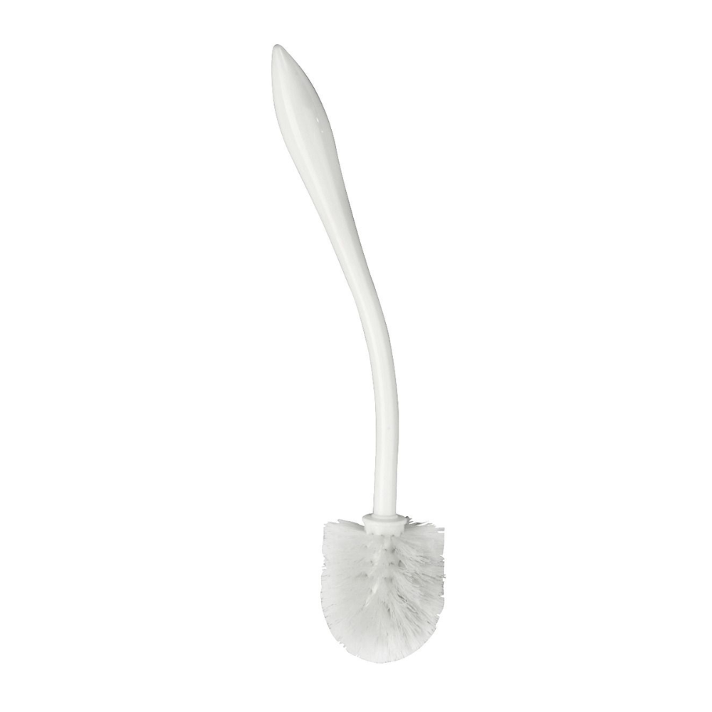 The Haug WC round brush "Bogen" 395 x Ø77 mm from Haug Bürsten KG is a white toilet brush with a curved handle and round bristle head for hygienic cleaning. The plastic handle has a pointed tip at the opposite end of the bristles to ensure effective cleaning.