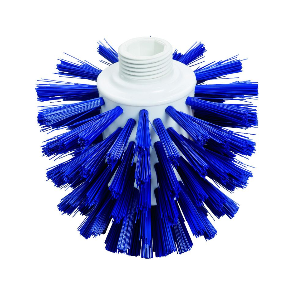 The Haug Wolf brush PP PBT Ø0.50 mm Hard 135xØ120 mm from Haug Bürsten KG features a hygienic design with dense blue bristles evenly arranged around a white plastic base, making it ideal for food-safe environments. It has a threaded hole in the middle for easy attachment to a handle.