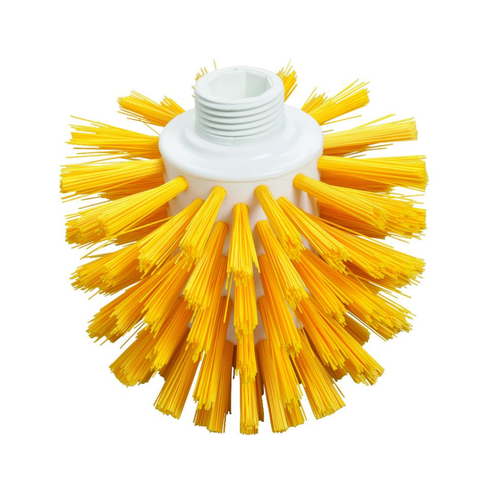 The Haug Wolf brush PP PBT is characterized by a hygienic design with stiff yellow bristles emanating from a white plastic core and a threaded tip. The densely arranged bristles ensure effectiveness on various surfaces.