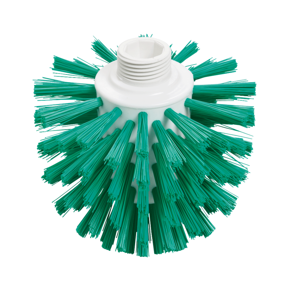 A Haug Wolf brush PP PBT with a diameter of 0.50 mm, equipped with stiff green bristles and a white plastic base, designed for hygienic use in food-safe environments.