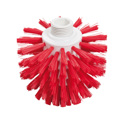 A red Wolf brush from Haug Bürsten KG in a hygienic design is characterized by densely packed, hard bristles protruding from a white plastic base. The base has a threaded opening for connection to a cleaning tool, making it perfect for food-safe environments.