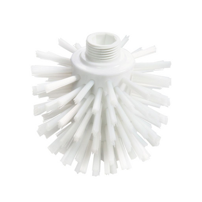 This Haug Wolf brush PP PBT Ø0.50 mm Hard 135xØ120 mm from Haug Bürsten KG features a round brush head with outwardly fanned, stiff bristles, making it perfect for cleaning tasks. It also has a threaded connection at the top for easy attachment of the handle, ideal for food-safe environments.