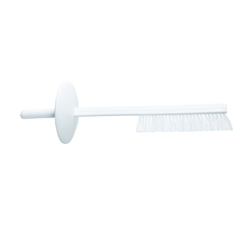 A Haug cutter brush with a protective shield from Haug Bürsten KG with a round handle and long bristles is depicted on a white background. Its round protective shield near the handle provides additional protection.
