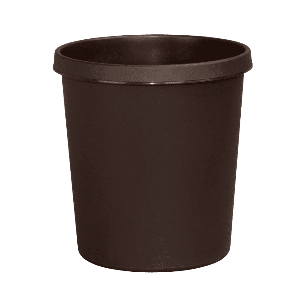 The Helit wastepaper basket with circumferential grip edge, brown (18 liters), is a simple, round, dark brown plastic waste bin from Helit with a slightly flared edge, depicted on a white background.
