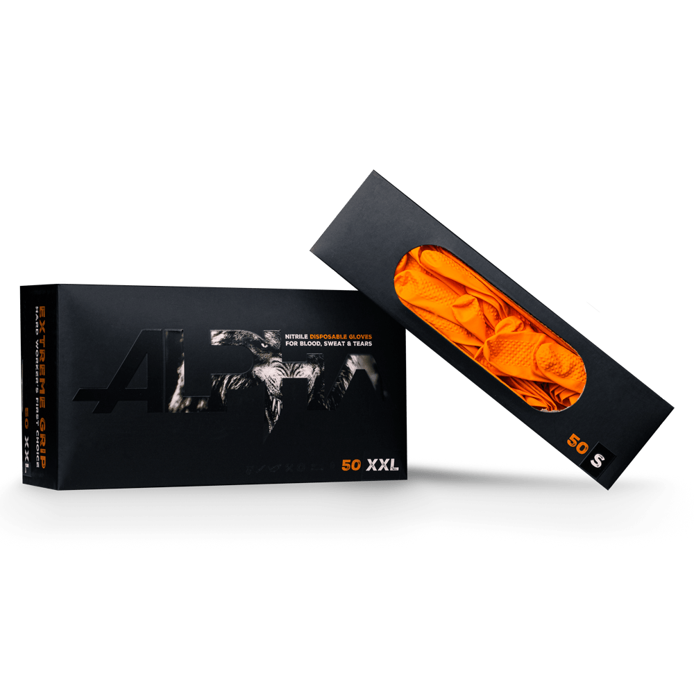 A black ALPHA box from AMPri Handelsgesellschaft mbH contains 50 XXL High Grip nitrile disposable gloves in orange. The opened packaging reveals the bright orange gloves, partially visible through a transparent window.