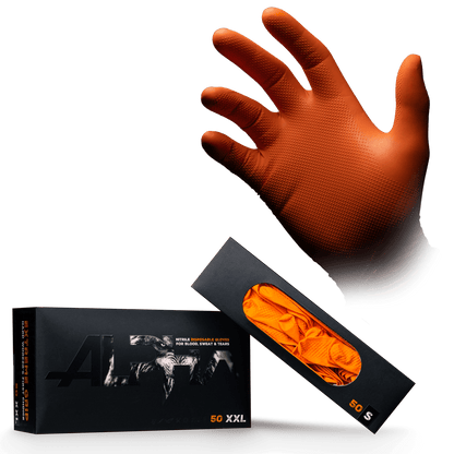 A raised right hand wears the orange High Grip disposable glove made of nitrile, ALPHA by AMPri Handelsgesellschaft mbH, over an XXL box with 50 gloves, which has a cutout showing the orange disposable glove inside.