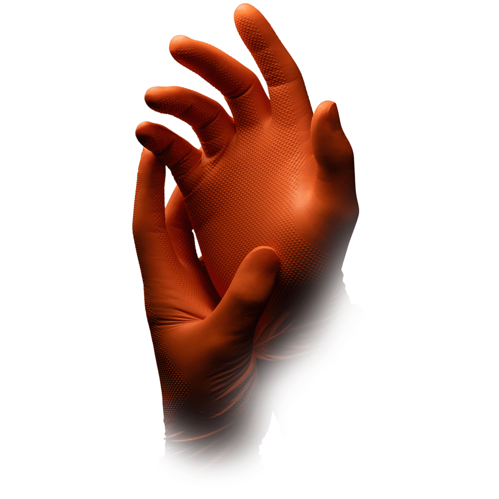 A pair of hands wearing the AMPri High Grip disposable glove made of nitrile, orange, ALPHA, with one hand grasping the wrist of the other, are depicted against a plain white background.