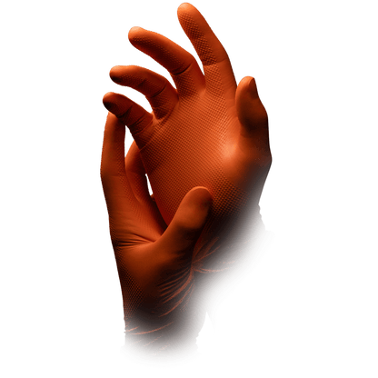 A pair of hands wearing the AMPri High Grip disposable glove made of nitrile, orange, ALPHA, with one hand grasping the wrist of the other, are depicted against a plain white background.