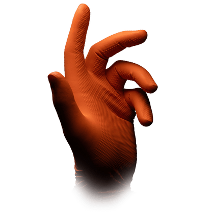 An orange High Grip disposable glove made of nitrile, ALPHA by AMPri Handelsgesellschaft mbH, is worn on a right hand with an extended index finger and curved fingers against a plain white background.