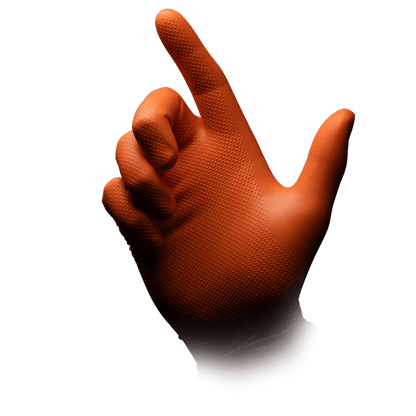 A hand wearing an orange High Grip disposable glove made of nitrile, ALPHA by AMPri Handelsgesellschaft mbH, points upwards with the index finger against a plain white background.