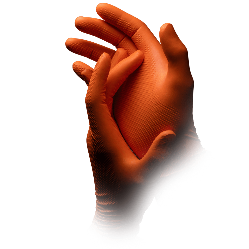 Two hands wearing an orange High Grip disposable glove made of nitrile, ALPHA by AMPri Handelsgesellschaft mbH, are held together against a plain white background, with the lower part blending into white.