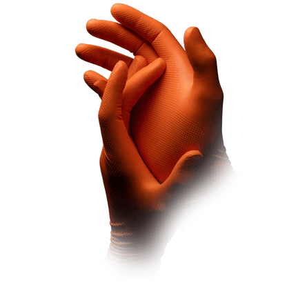 Two hands wearing an orange High Grip disposable glove made of nitrile, ALPHA by AMPri Handelsgesellschaft mbH, are held together against a plain white background, with the lower part blending into white.