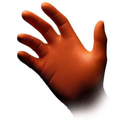 A hand wears an orange High Grip disposable glove made of nitrile, ALPHA by AMPri Handelsgesellschaft mbH, against a white background with the palm facing forward and fingers slightly spread.