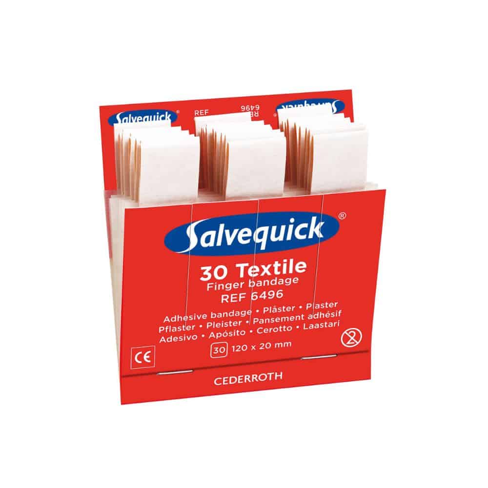 An opened Holthaus Medical Salvequick® refill box contains 30 textile finger bandages (120 x 20 mm) for the plaster dispenser. Product information and logos are visible. Brand: Holthaus Medical GmbH & Co. KG.