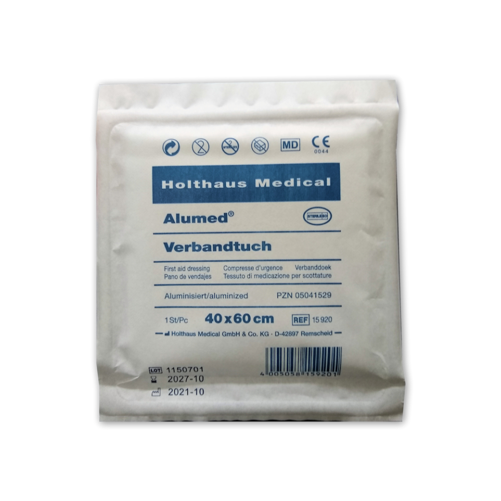 The Holthaus Alumed® dressing cloth from Holthaus Medical GmbH & Co. KG is a sterile packaged dressing labeled "Aluminum coated," measuring 40x60 cm and containing one piece. The expiration date is October 2027.