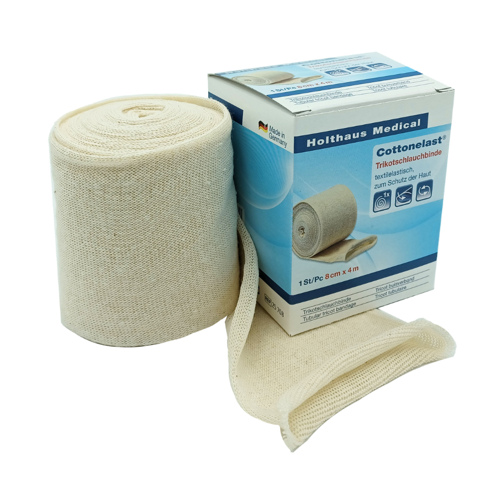 Image of a medical product by Holthaus Medical GmbH & Co. KG. The product, Holthaus Cottonelast® tubular bandage, is an elastic bandage roll with the dimensions 8 cm x 4 m. The box with an unrolled bandage roll highlights the texture and color of the elastic cotton material. Instructions and details are visible on the box.