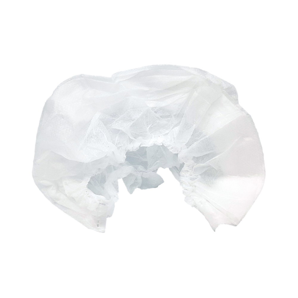 This image shows a white disposable head protection hood made of thin, translucent material. The Holthaus disposable head protection hoods from Holthaus Medical GmbH & Co. KG have an elastic edge that is gathered to fit securely around the head. This makes them ideal for use in medical or food environments for hygienic reasons. Each pack contains 200 hoods.
